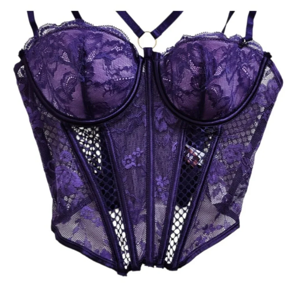 Adore Me Purple Lace Corset Bustier 36B Underwire Sheer Mesh Lingerie Top NWT